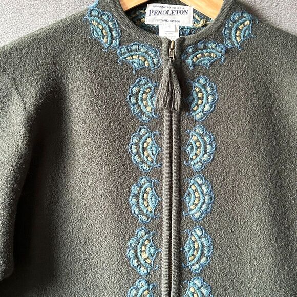 Pendelton Forest Green Merino Wool Cardigan Embroidered Full Zip - Women's L - Picture 4 of 7